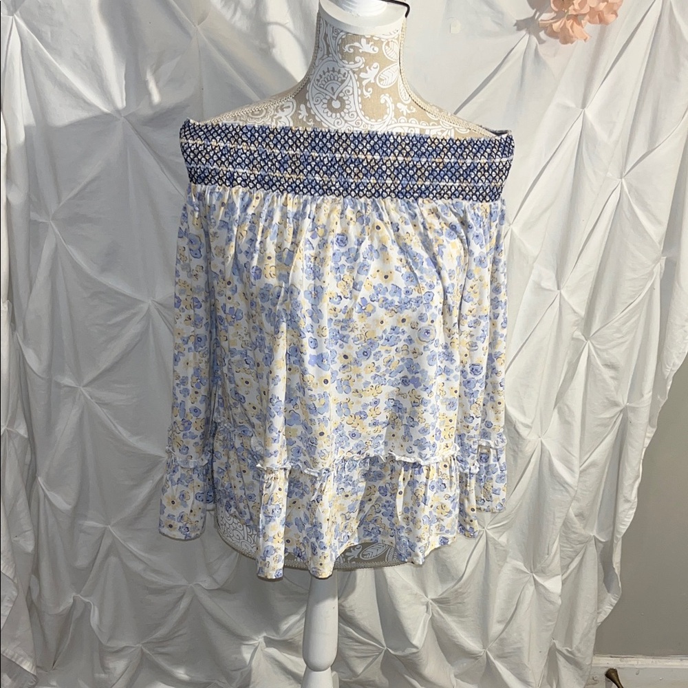 Women's Off-Shoulder Floral Blouse in Blue & Cream